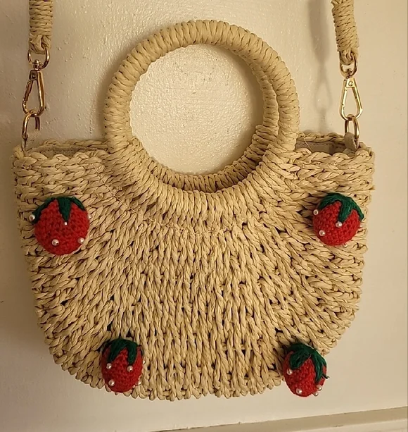 Small Straw Woven Crossbody Bag with Strawberry Embellishments - Natural - Picture 4 of 7